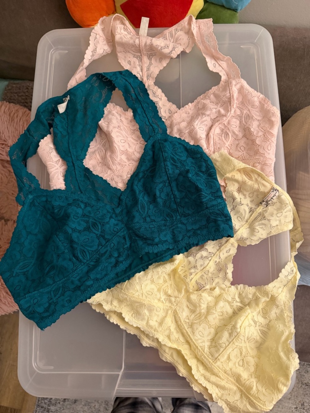 Free People Lace Racerback Bralette Trio in Teal, Blush, Pale Yellow